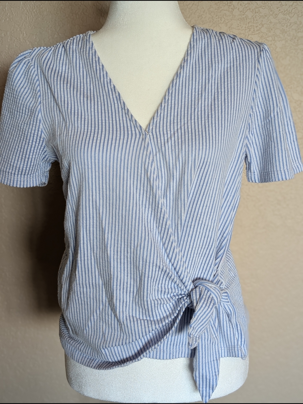 Michael Kors Light Blue and White Striped Wrap-Tie Top